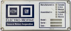 Worksplate ELECTRO-MOTIVE General Motors Corporation, Manufactured in: Canada, Assembled in: Canada,