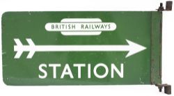 BR(S) STATION direction sign with British Railways totem. Double sided screen printed aluminium