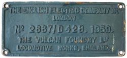 Worksplate THE ENGLISH ELECTRIC COMPANY LTD LONDON, THE VULCAN FOUNDRY LTD. LOCOMOTIVE WORKS,