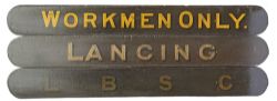 London Brighton & South Coast railway carriage boards x3; LANCING, WORKMEN ONLY and L.B.S.C. All are