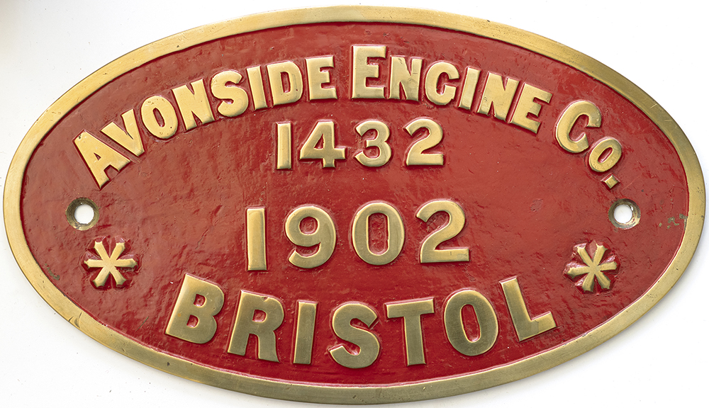 Worksplate AVONSIDE ENGINE CO BRISTOL 1432 1902 ex 0-6-0ST delivered new to Lime Firms Llandebie