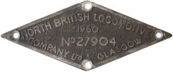Worksplate NORTH BRITISH LOCOMOTIVE COMPANY LTD GLASGOW No. 27904-1960 Ex British Railways Class