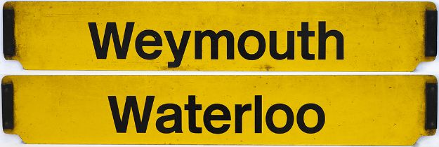 British Railways carriage board WATERLOO WEYMOUTH. Screen printed aluminium complete with mounting