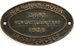 Worksplate R&W. HAWTHORN LESLIE & Co LTD NEWCASTLE ON TYNE 3697 1928 ex LNER Gresley N2 0-6-2T