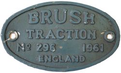 Worksplate BRUSH TRACTION ENGLAND No 296 1961 Ex British Railways Class 31 diesel originally