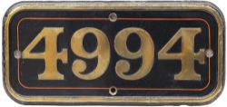 GWR brass cabside numberplate 4994 ex GWR Collett Hall 4-6-0 built at Swindon in 1931 and named