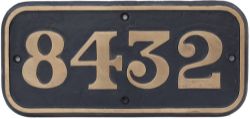 BR(W) brass cabside numberplate 8432 ex Hawksworth 0-6-0 PT built by W.G.Bagnall in 1953 as works