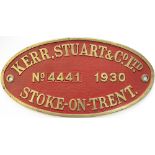 Worksplate KERR STUART & CO LTD STOKE-ON-TRENT No 4441 1930 ex Great Western Railway Collett 0-6-0PT