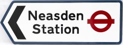 LT FF enamel direction sign NEASDEN STATION with left facing arrow. In very good condition with