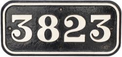 GWR cast iron cabside numberplate 3823 ex Churchward 2-8-0 built at Swindon in 1940. Allocated to