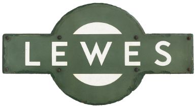 Southern Railway enamel target station sign LEWES from the former London Brighton and South Coast