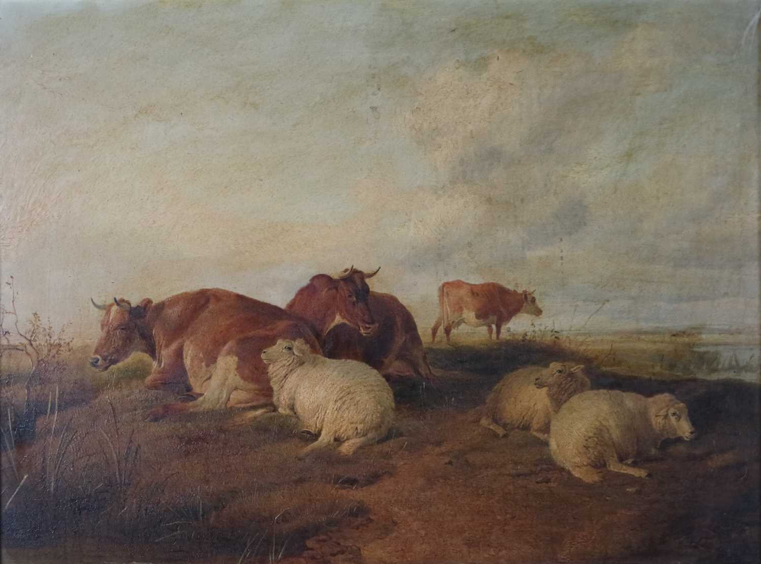 Thomas Sidney Cooper, R.A., (British, 1803-1902), Cattle and sheep by a river, oil, 45 x 61cm