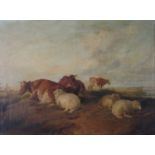 Thomas Sidney Cooper, R.A., (British, 1803-1902), Cattle and sheep by a river, oil, 45 x 61cm