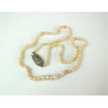 An untested pearl necklace with diamond set clasp