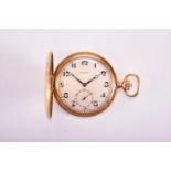 Longines: An 18ct gold hunter pocket watch with 9ct rose gold Albert