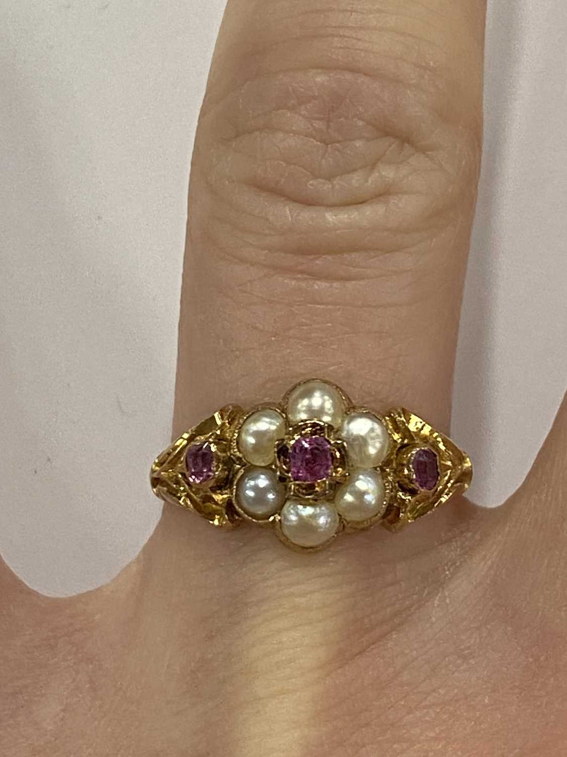 A late 19th/early 20th century pink sapphire and pearl floral cluster ring - Image 2 of 6
