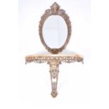 A reproduction gilt brass console table and associated wall mirror