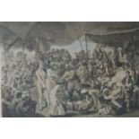 After Johan Zoffany RA.(1733-1810) Colonel Mordaunt's Cock Match, hand -coloured mezzotint a/f