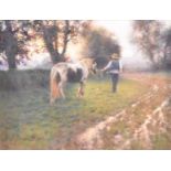 Tony Sheath (British 1946-), a man leading a pony across a field, oil, 40.5 x 51cm