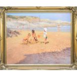 Tony Sheath (British 1946-), three children on a beach, oil, 41 x 51cm