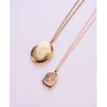 A 9ct gold oval locket on chain and a plated locket on chain