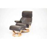 An Ekornes Scandinavian 'Stressless' leather lounge chair and footstool