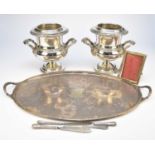 A pair of silver plated wine coolers, a silver plated tray, a silver frame and broken silver cutlery