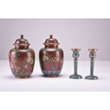 A pair of Chinese cloisonne vases and a pair of candlesticks