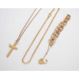 A 9ct gold bracelet, two 9ct gold chains and a 9ct gold crucifix pendant on chain