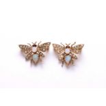 Two 9ct gold opal, seed pearl and ruby set butterfly brooches