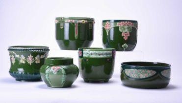 A group of five Eichwald pottery jardinieres and a bowl