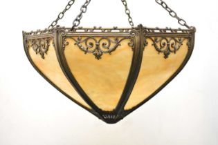 A reproduction gilt metal and glass pendant ceiling light shade