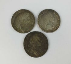 Charles II Crown dated 1671, together with two William III Crowns dated 1696 (3)