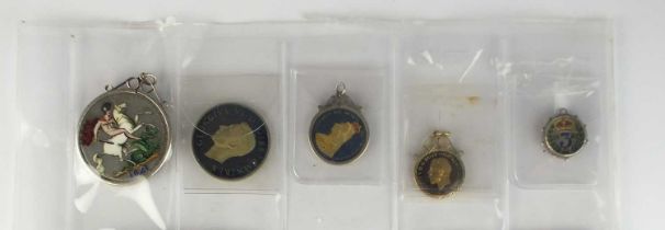 Five silver and enamel UK coins, comprising