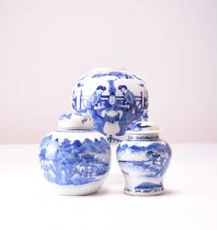 Three Chinese blue and white ginger jars, two with covers (3)