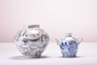 A Chinese blue and white jar, Yuan, and a small blue and white ewer, Ming