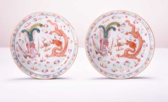 A pair of Chinese dragon and phoenix dishes, Qing Dynasty