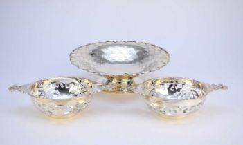 Two pierced silver bowls and a pedestal silver bowl