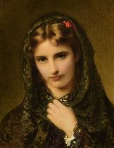 Edward Tayler (1828-1906) Portrait of a Young Woman wearing a Hooded Cloak