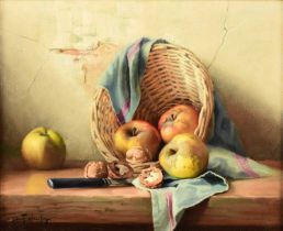 Robert Chailloux (1913-2006) Still Life Study of Apples and Walnuts with a Wicker Basket