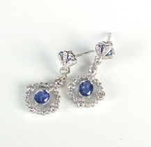 A pair of Edwardian style 18ct white gold sapphire and diamond ear pendants