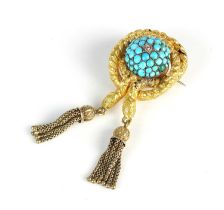 A late 19th century Etruscan revival turquoise and diamond brooch