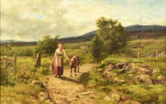 Attributed to James Hamilton (Scottish 1853-1894) Young Girl leading a Calf down a Country Track