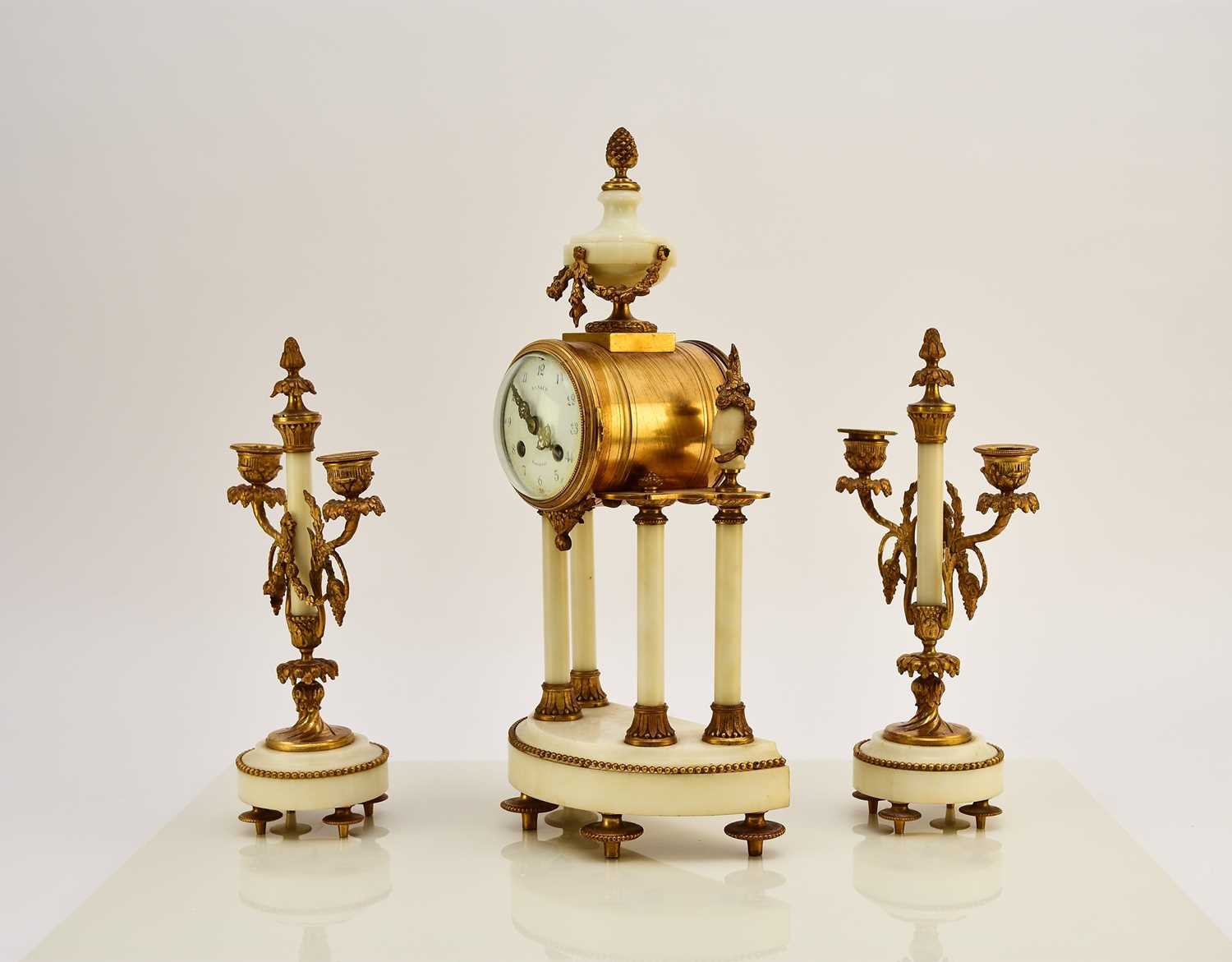 A late 19th century French Portico clock garniture - Image 2 of 8