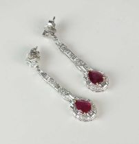 A pair of mid-20th century style ruby and diamond ear pendants