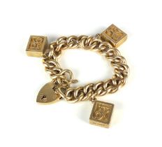 A 9ct gold curb link bracelet with three attached 9ct gold '1/2 oz' ingots