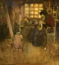 Edmund Dulac (1882-1953) Old Woman Knitting in front of a Brazier