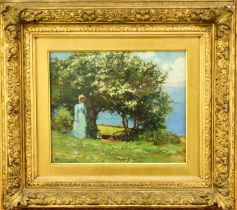 Alexander Wellwood Rattray (`1849-1902) Lady in a Blue Dress beneath Blossom Trees