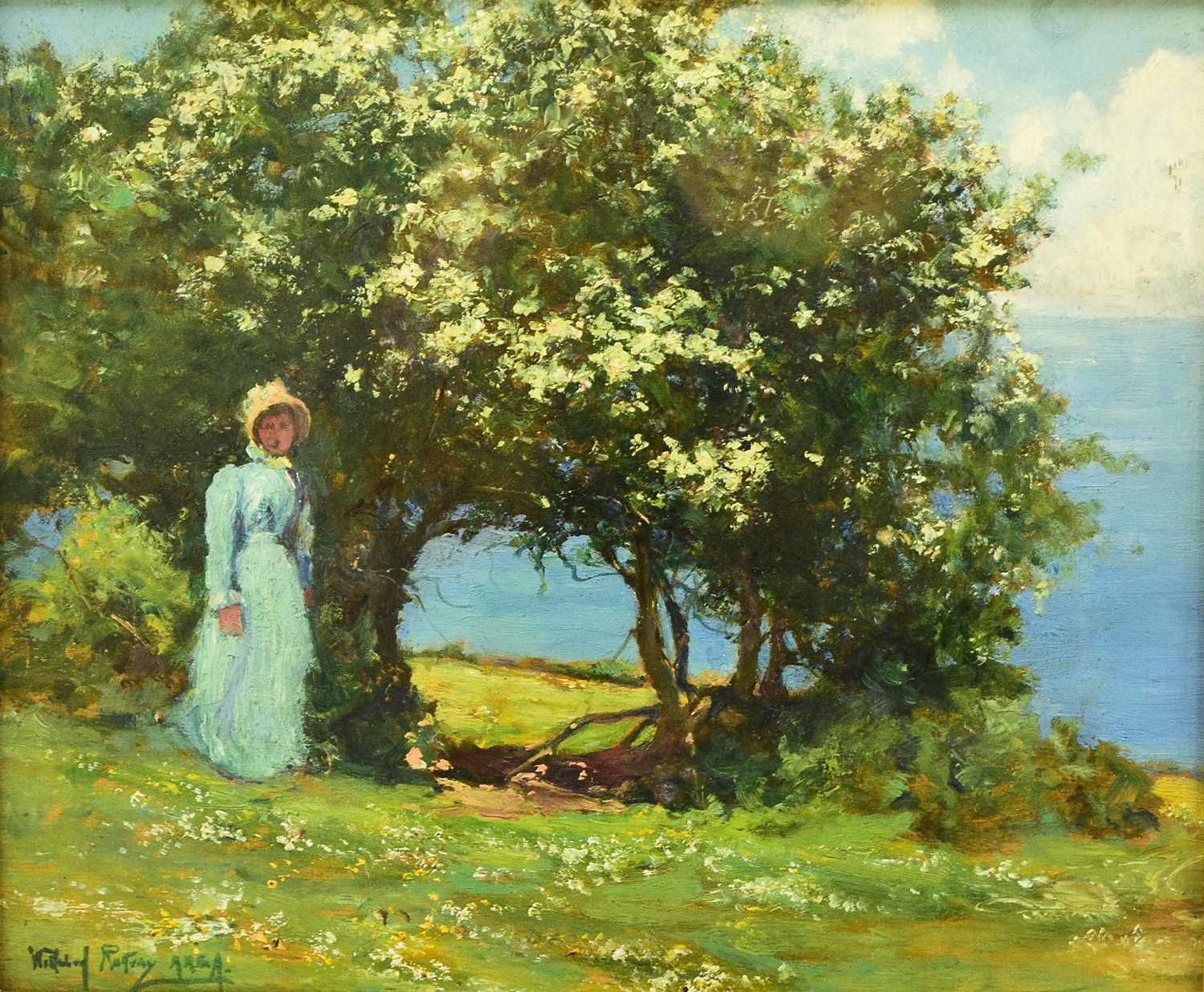 Alexander Wellwood Rattray (`1849-1902) Lady in a Blue Dress beneath Blossom Trees - Image 2 of 5