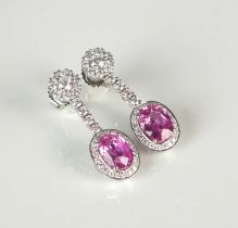A pair of 18ct white gold pink sapphire and diamond ear pendants